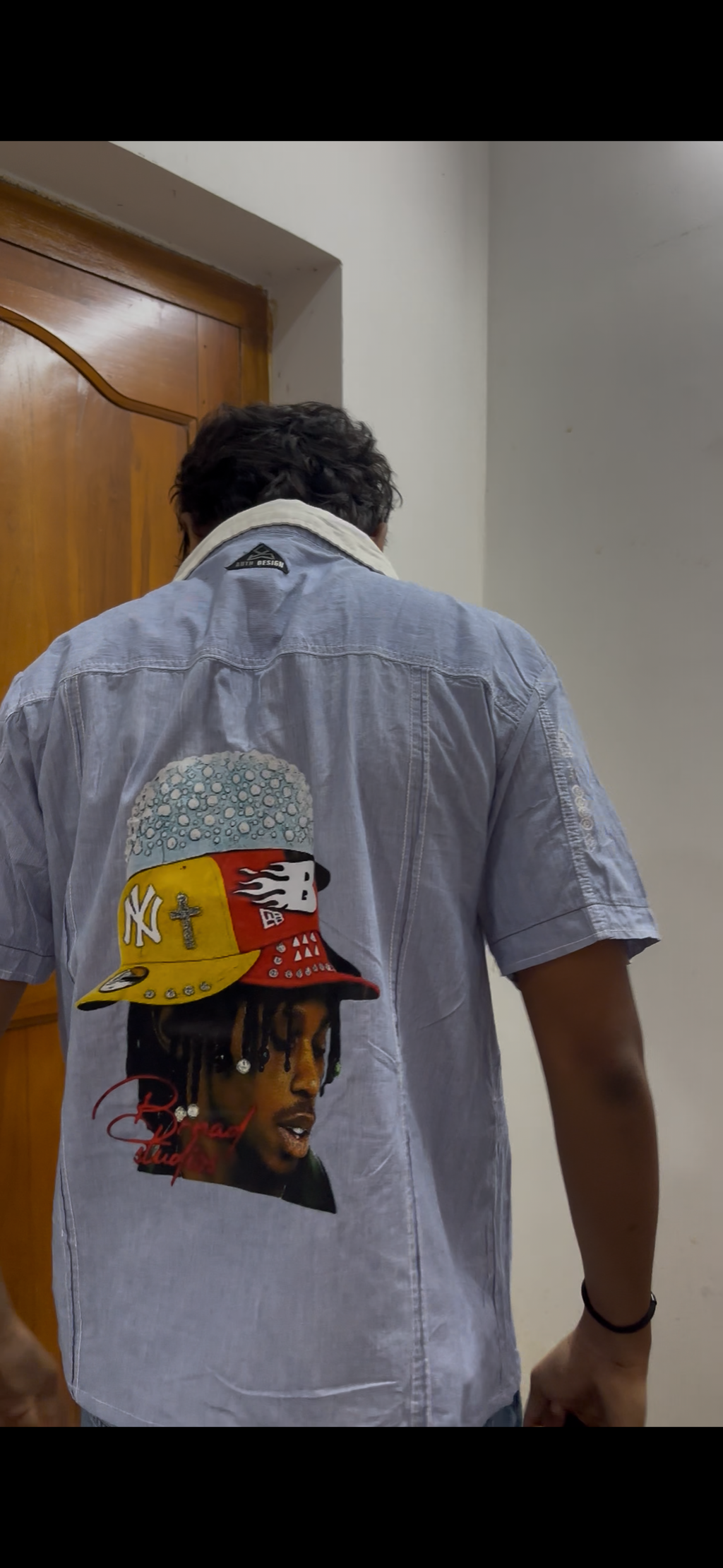 Blue Textured Boxy Shirt with Hypebeast Cap Portrait Print