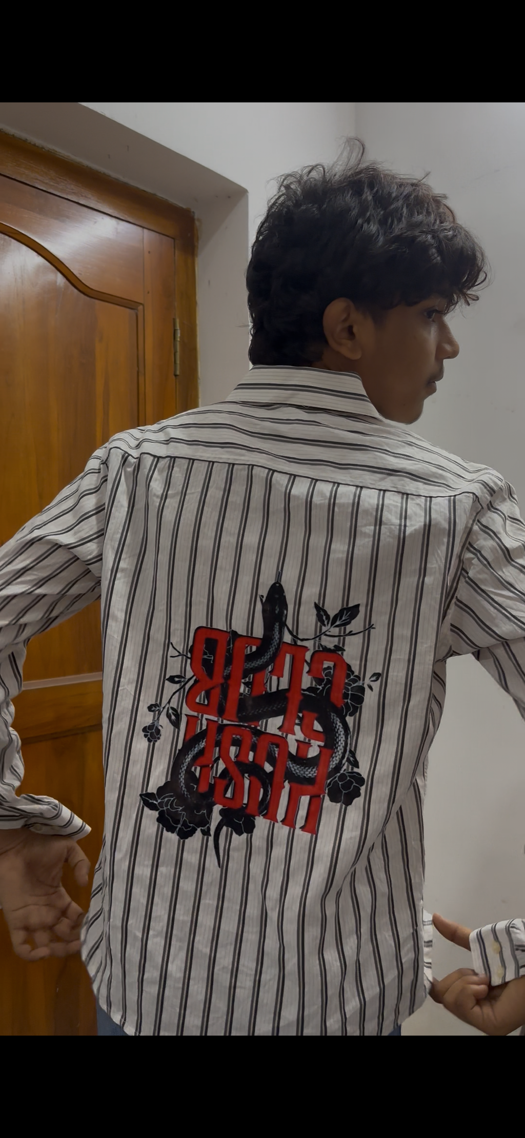 Striped Boxy Shirt with Red Text & Snake Back Embroidery/Print