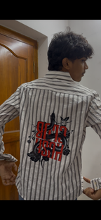 Striped Boxy Shirt with Red Text & Snake Back Embroidery/Print