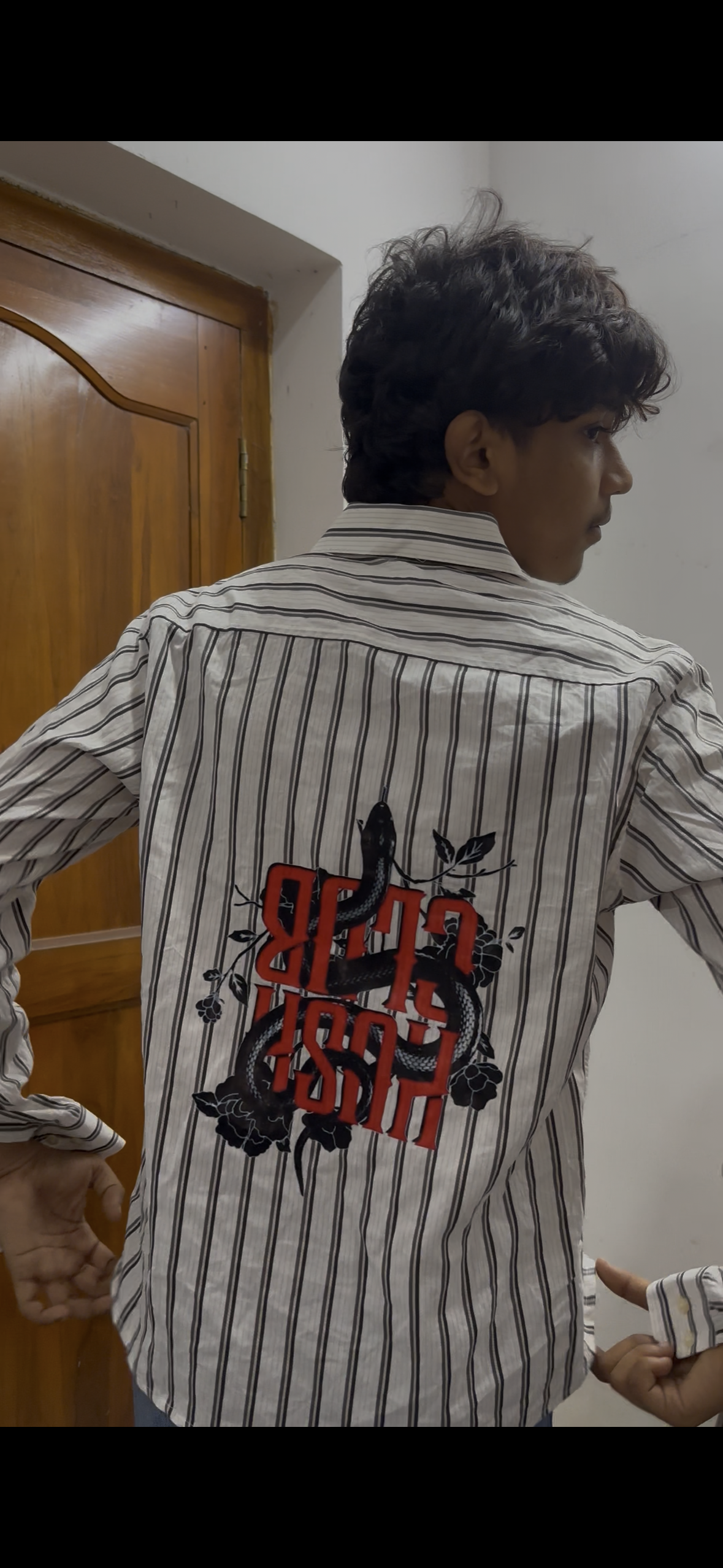 Striped Boxy Shirt with Red Text & Snake Back Embroidery/Print