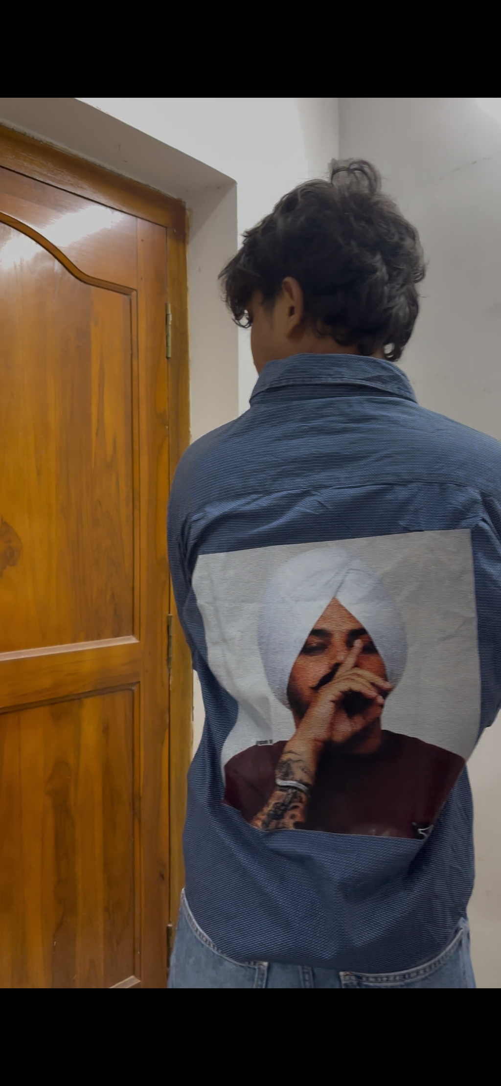 Blue Dot-Pattern Boxy Shirt with Sidhu Moose Wala Back Graphic
