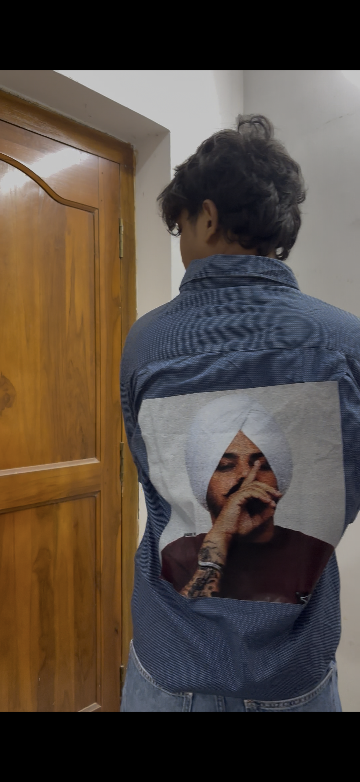 Blue Dot-Pattern Boxy Shirt with Sidhu Moose Wala Back Graphic