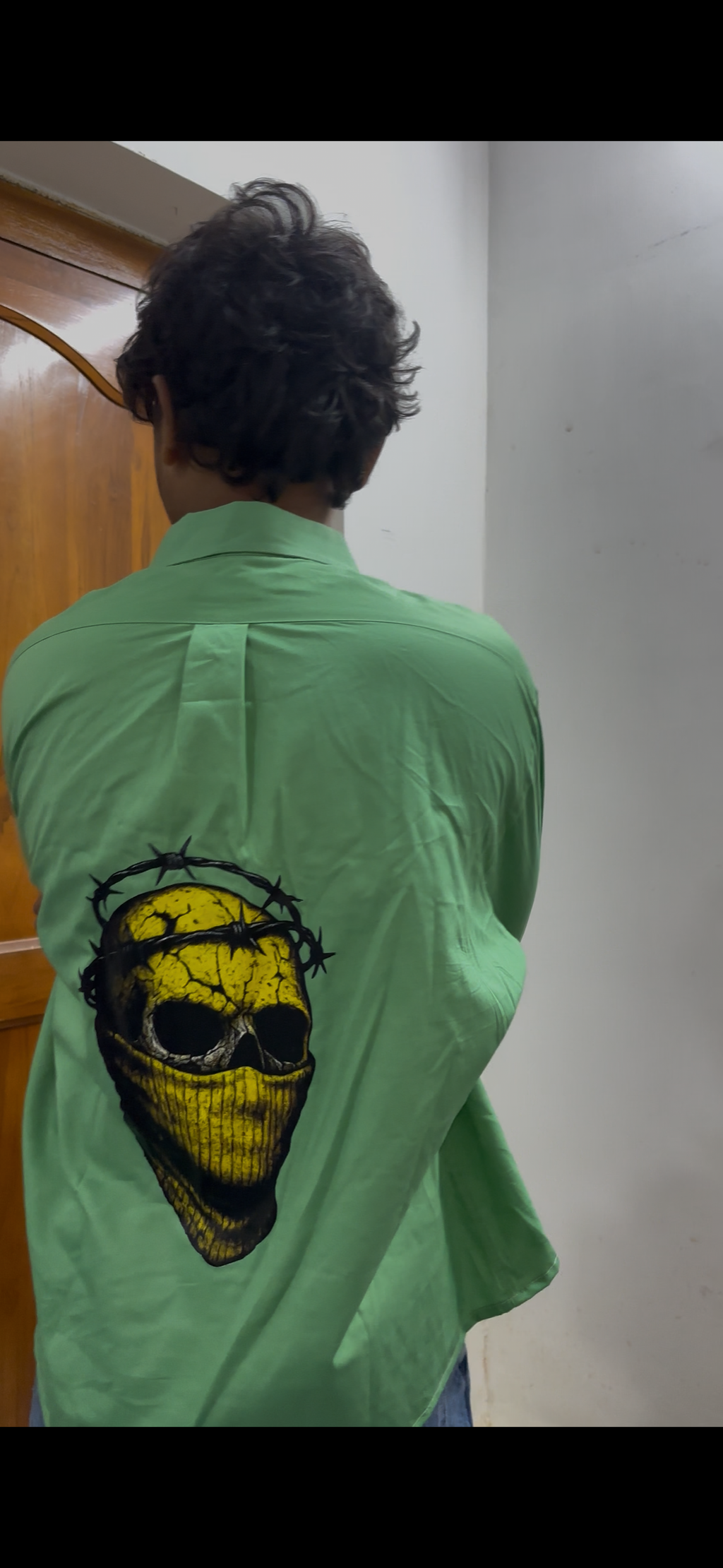 Green Boxy Shirt with Barbed Wire Skull Back Print