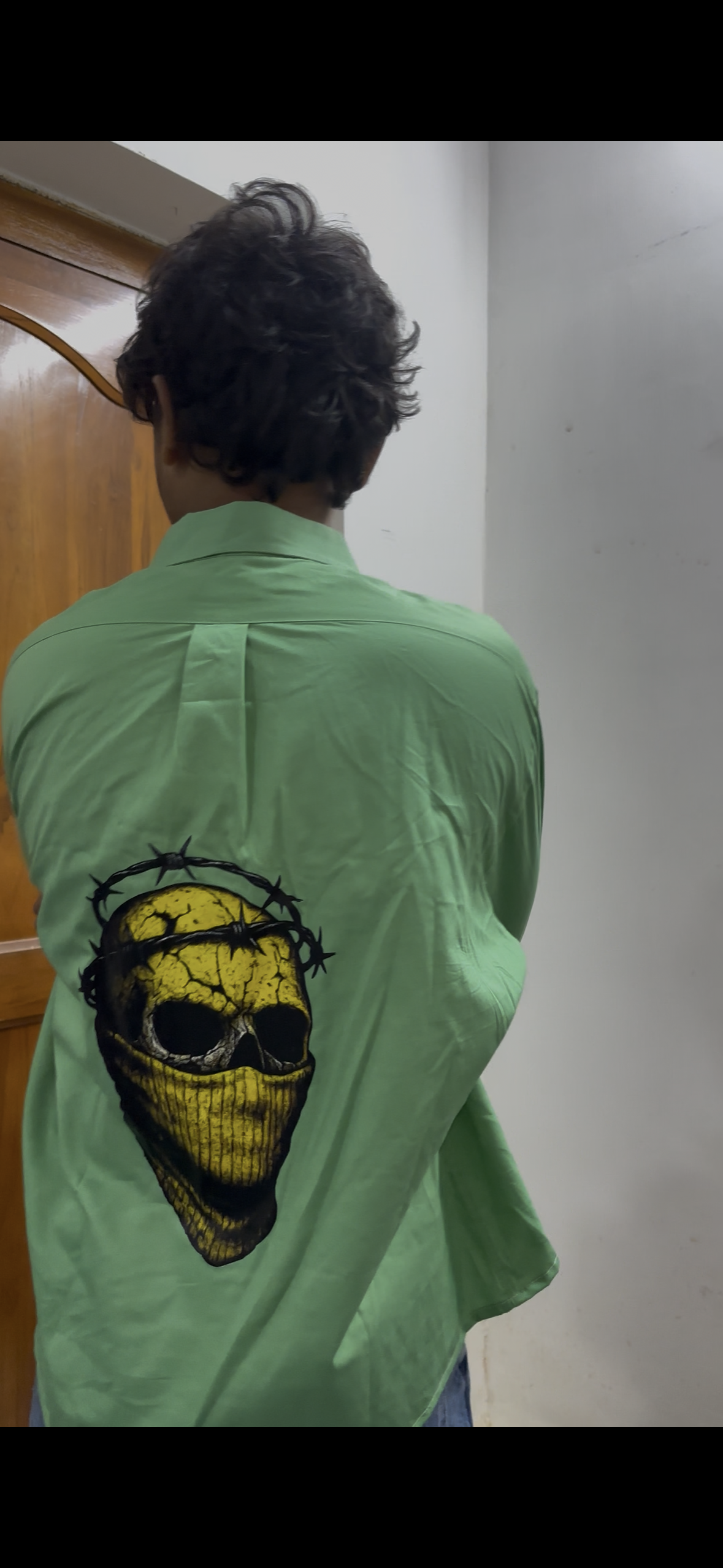 Green Boxy Shirt with Barbed Wire Skull Back Print