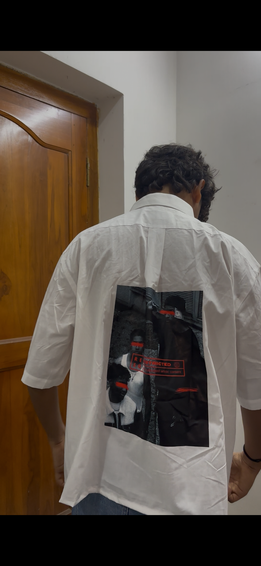 White Boxy Shirt with 'Restricted' Censored Back Graphic