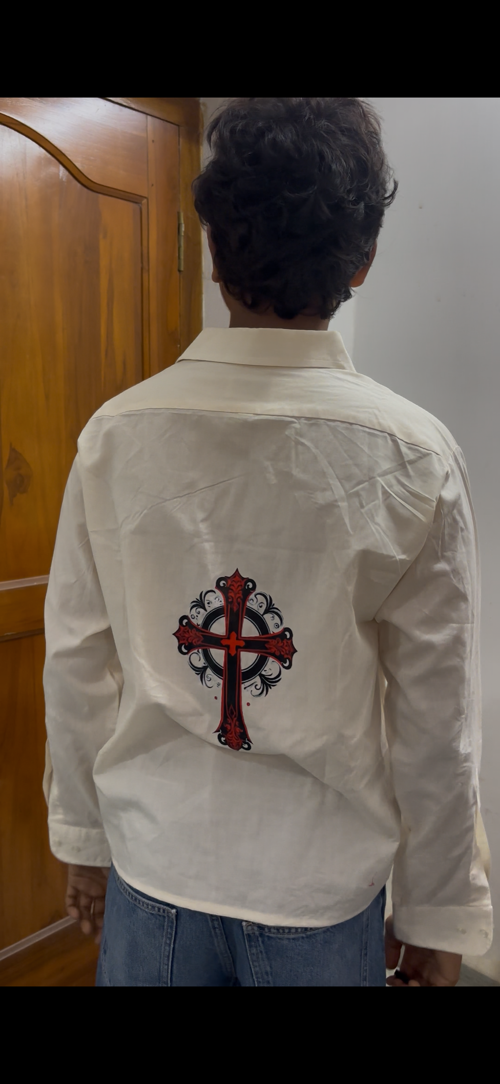 Off-White Vintage Boxy Shirt with Ornate Red Cross Back Print